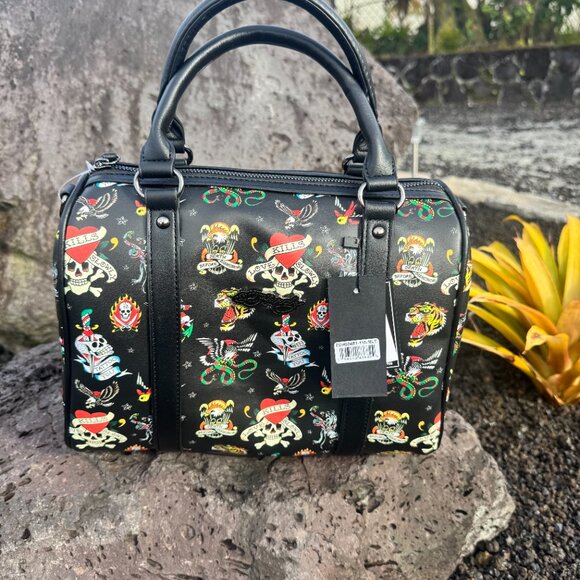 Ed Hardy NWT Handbags Satchel Crossbody dust bag Tattoo Love Kills Vegan Black - Picture 2 of 11
